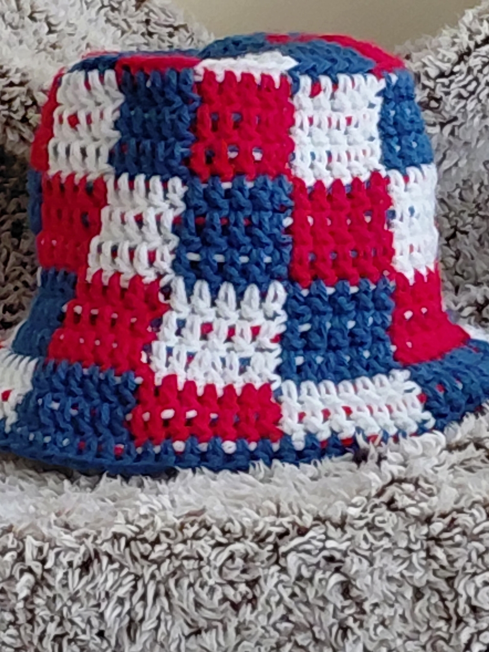 Crocheted Checkerboard Bucket Hat in Red, White & Blue